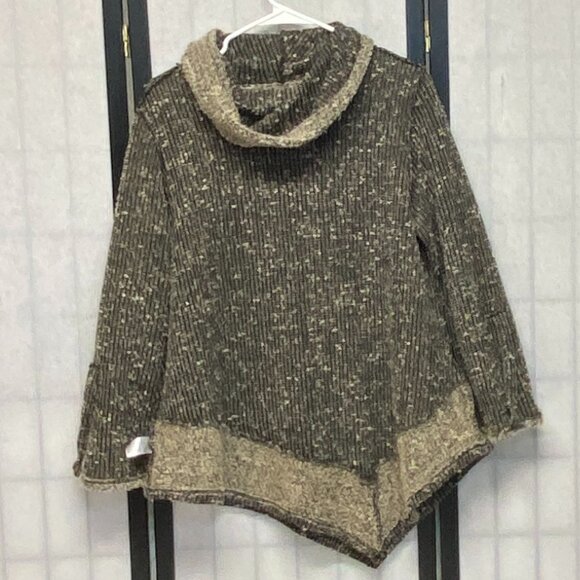 SJS Boucle Knit Cowl Neck Asymmetrical Sweater L Black Tan Roll Sleeve Cozy Chic - Picture 5 of 12